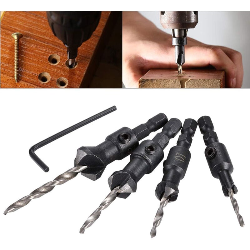 foto del prodotto bebusingoto set di punte per trapano svasatore con gambo esagonale hss, kit di utensili per la lavorazione del legno con chiave piccola, confezione