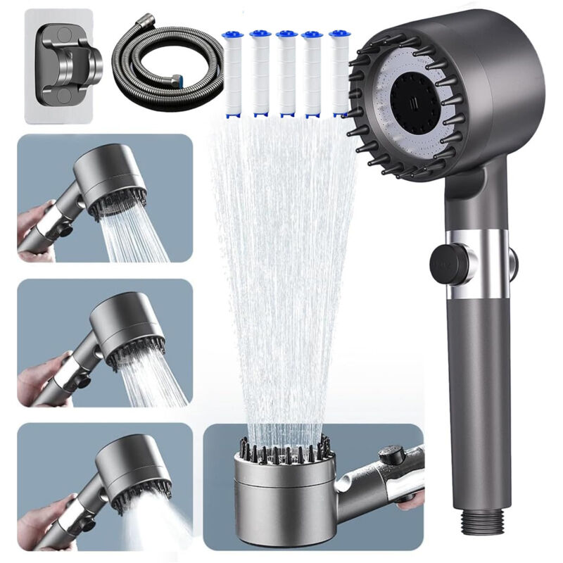 foto del prodotto bebusingoto soffione doccia ad alta pressione con risparmio idrico, tubo flessibile da 1,5 m e supporto, 4 modalit regolabili