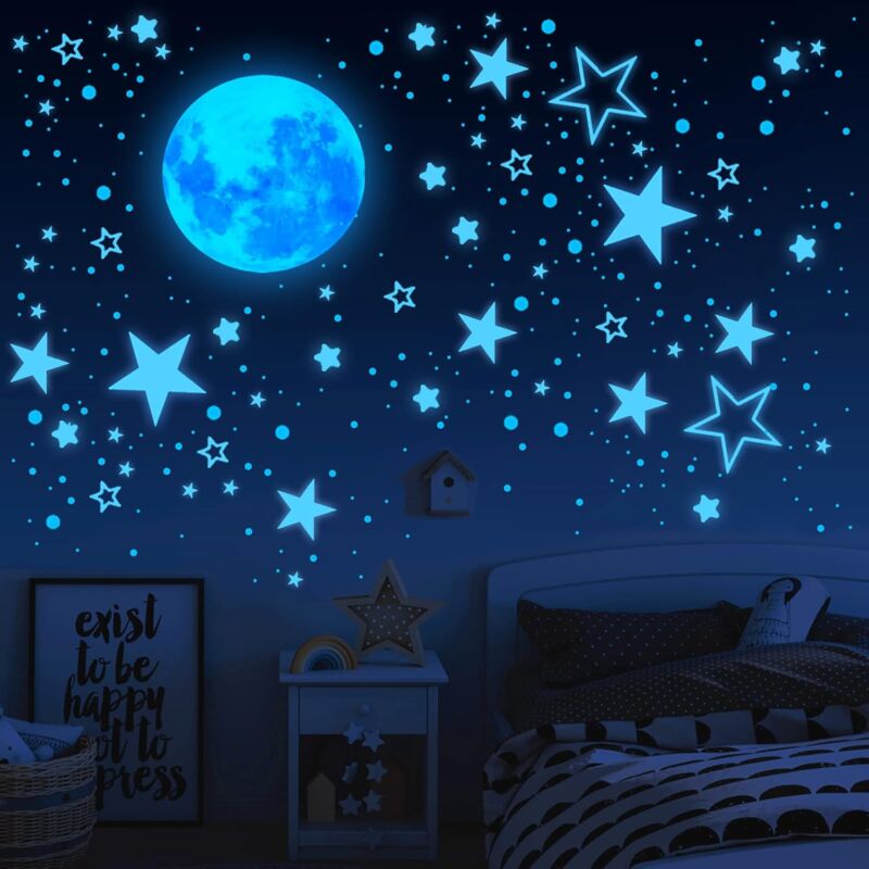 foto del prodotto bebusingoto - soffitto con stelle luminose, 1049 adesivi murali, contiene decorazioni con luna e stelle, adesivi murali luminosi, adatti per la cameretta dei bambini blu