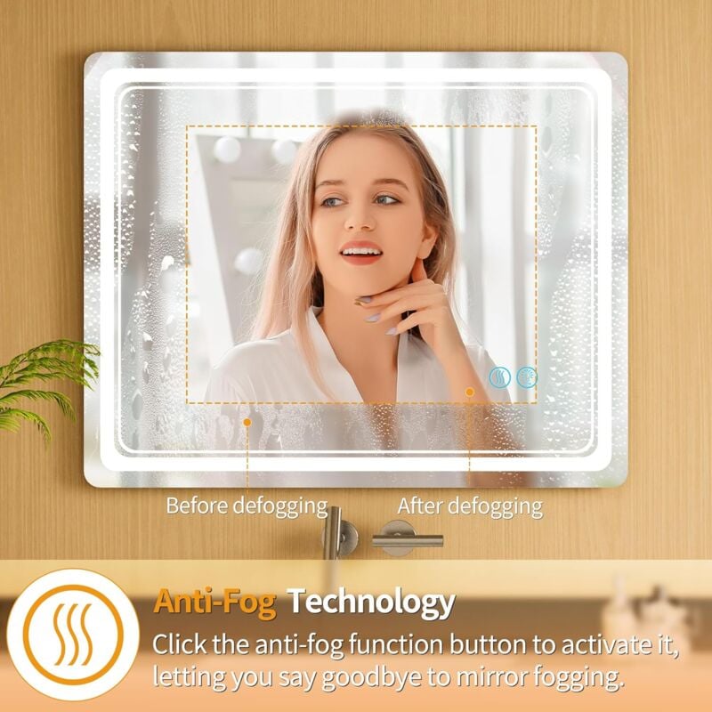 foto del prodotto bebusingoto specchio da bagno con luce, 60 x 50 cm, specchio da bagno a led con interruttore touch, dimmerabile, 3 colori di luce, bianco caldo,