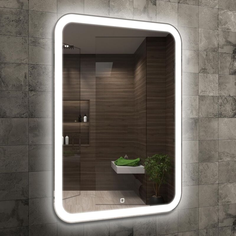 foto del prodotto bebusingoto specchio da bagno rettangolare 50 x 70 cm con illuminazione a led e interruttore touch, angoli arrotondati, specchio a led con