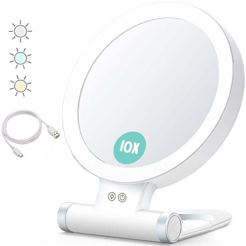 foto del prodotto bebusingoto specchio ingranditore 1x 10x per scrivania, maniglia regolabile per appenderlo al tavolo, specchio da trucco led ricaricabile per