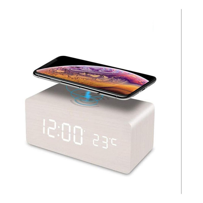 foto del prodotto bebusingoto sveglia digitale in legno con caricabatterie wireless, sveglia digitale in legno con display a led di ora, temperatura, controllo del