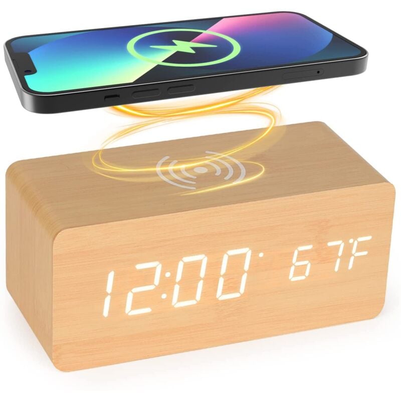 foto del prodotto bebusingoto sveglia in legno con caricabatterie wireless qi compatibile con iphone samsung orologio digitale a led in legno con funzione di controllo