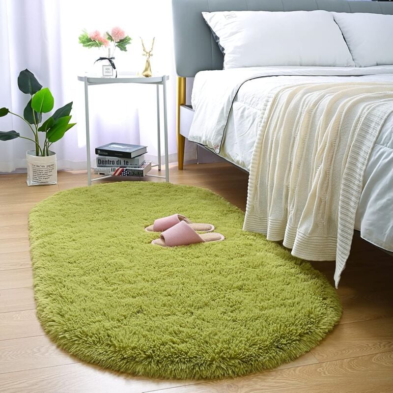 foto del prodotto bebusingoto tappeto morbido a pelo lungo per la cameretta dei bambini, tappeto ovale verde di peluche per il soggiorno, tappeto di pelliccia per la