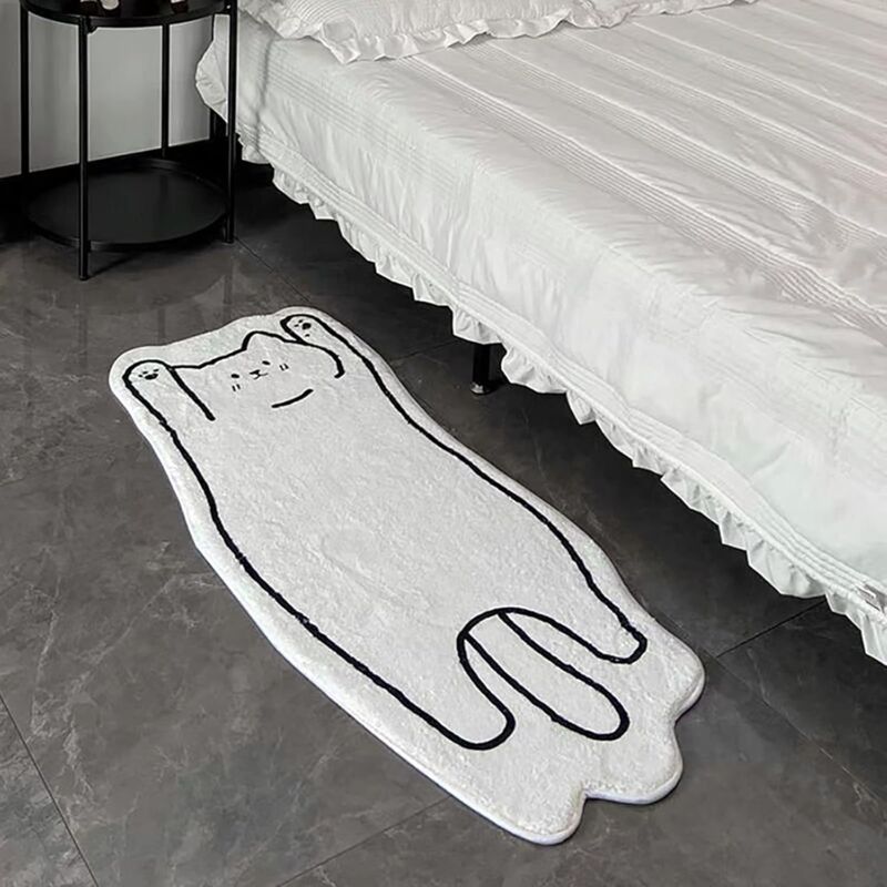 foto del prodotto bebusingoto tappeto per camera da letto, 40 x 120 cm, lavabile, carino e divertente, moderno tappeto bianco con motivo irregolare gatto bianco 