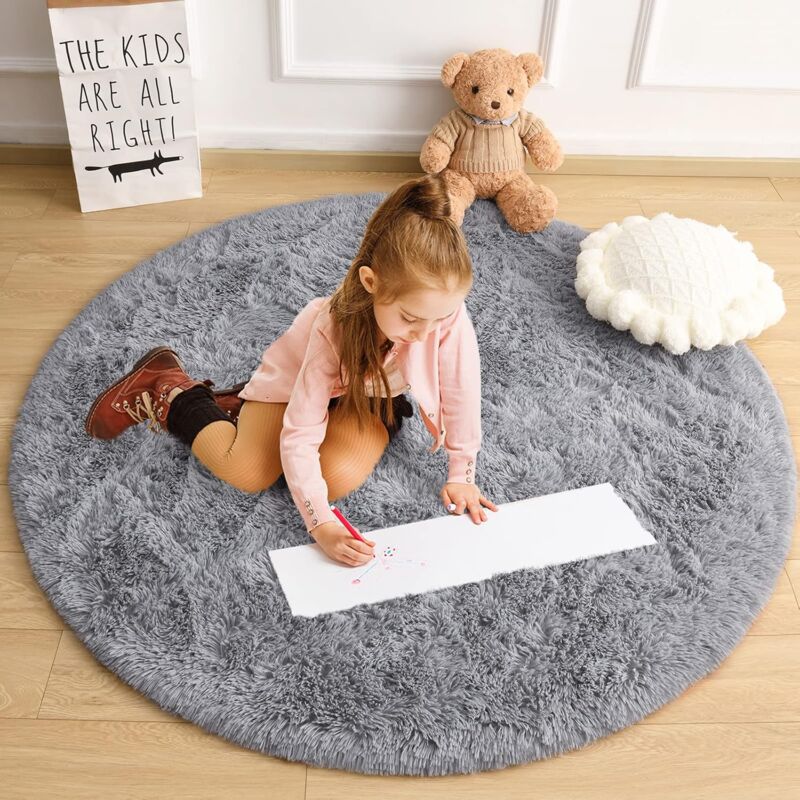 foto del prodotto bebusingoto tappeto rotondo grigio per la cameretta delle bambine, grazioso e soffice tappeto peloso per la cameretta dei bambini, morbido tappeto