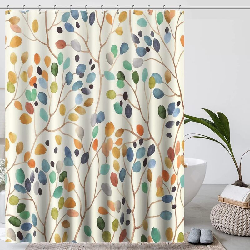 foto del prodotto bebusingoto tenda da doccia 180x200 antimuffa, tenda da bagno beige, tenda da doccia lavabile in lavatrice, motivo botanico colorato con fori,