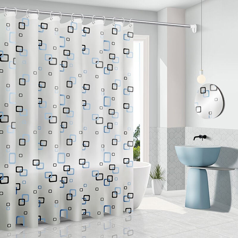 foto del prodotto bebusingoto tenda da doccia antimuffa 200 x 180 cm con anelli, tenda da doccia antibatterica, senza lavaggio, per bagno, bianca con quadri blu