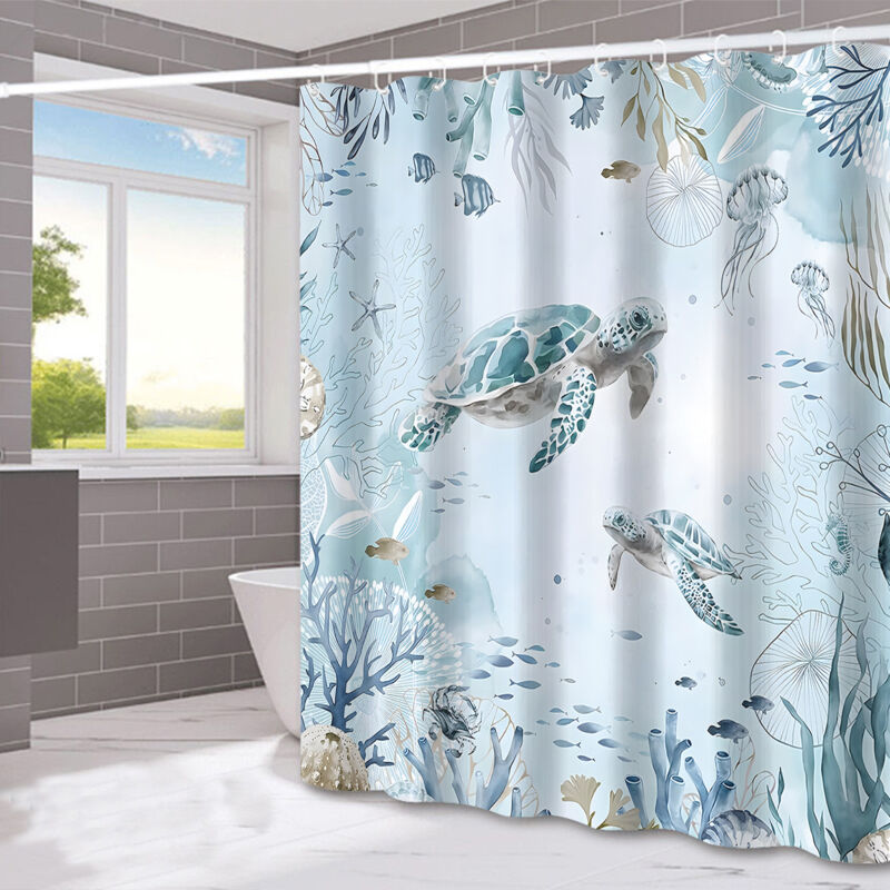 foto del prodotto bebusingoto tenda da doccia con tartaruga marina, blu oceano, alghe, tenda da bagno in poliestere, antimuffa, impermeabile, lavabile, 180 x 180 cm,