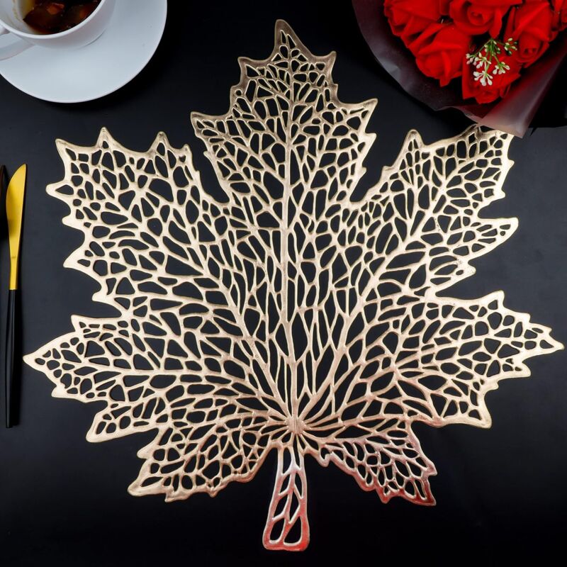 foto del prodotto bebusingoto tovagliette in foglia d oro per tavolo da pranzo, set di 6 tovagliette in vinile pressato metallizzato, tovagliette in foglia d acero