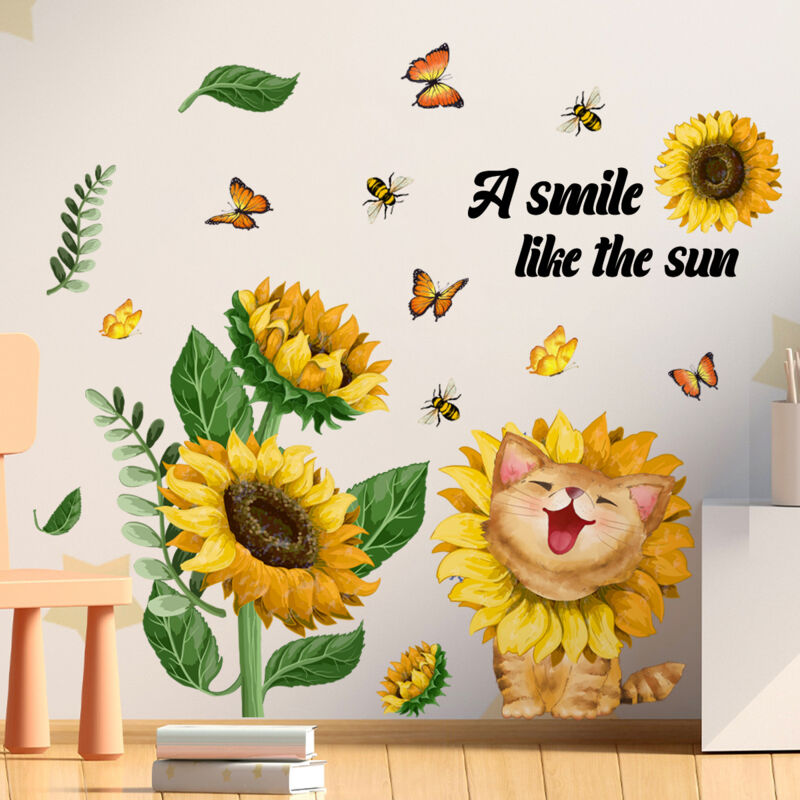 foto del prodotto bebusingoto un set di adesivi murali a forma di girasole, gatto e farfalle, per soggiorni, camere da letto, uffici, decorazioni murali.