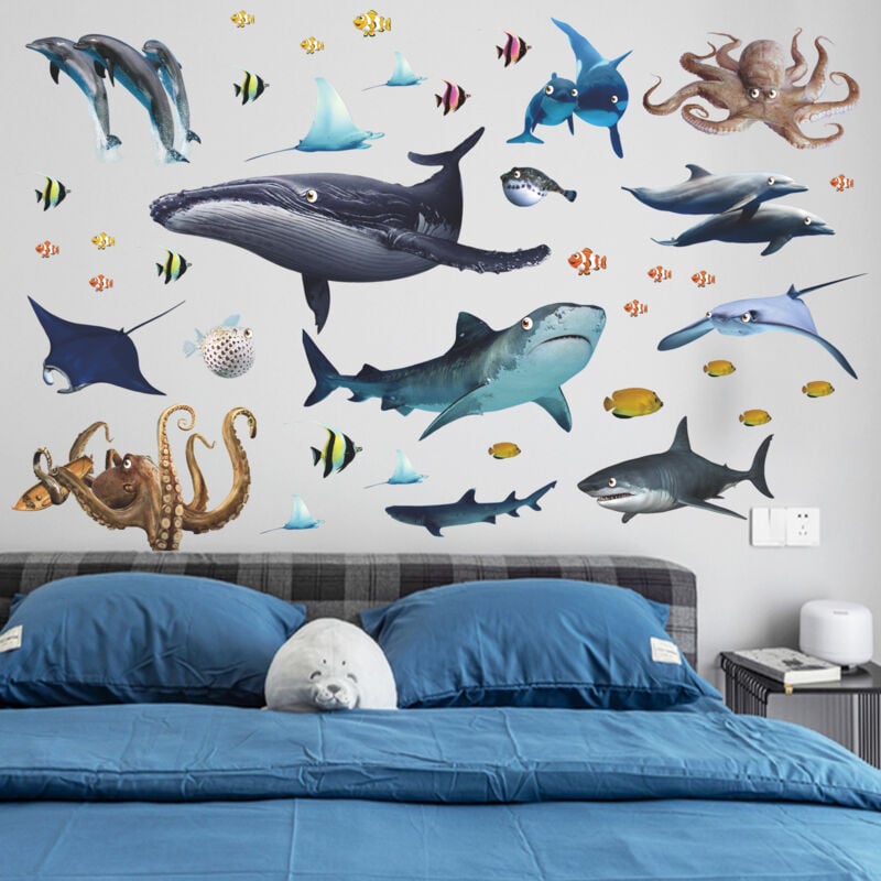 foto del prodotto bebusingoto un set di adesivi murali decorativi con animali marini, decorazione murale del mondo sottomarino dell oceano per camera da letto,