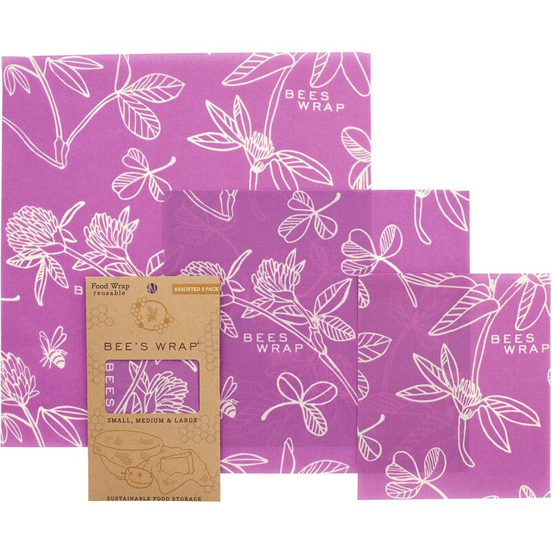 foto del prodotto bee s wrap set di 3 involucri di dimensioni assortite, stampa trifoglio, cera d api, viola, 33.020000000000003 x 35.56 x 0.3 cm