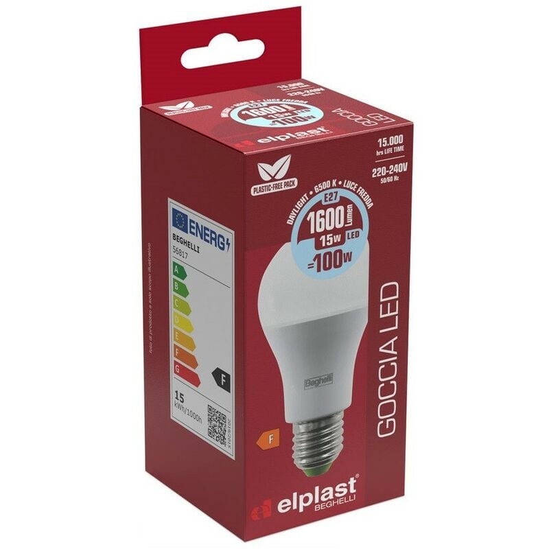foto del prodotto beghelli lampadina led goccia e27 luce calda 3000k 15 watt 1600 lumen 56823
