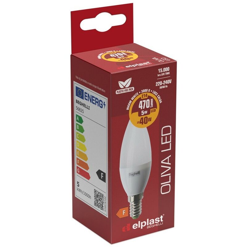 foto del prodotto beghelli lampadina led oliva e14 luce calda 3000k 5 watt 470 lumen 56825