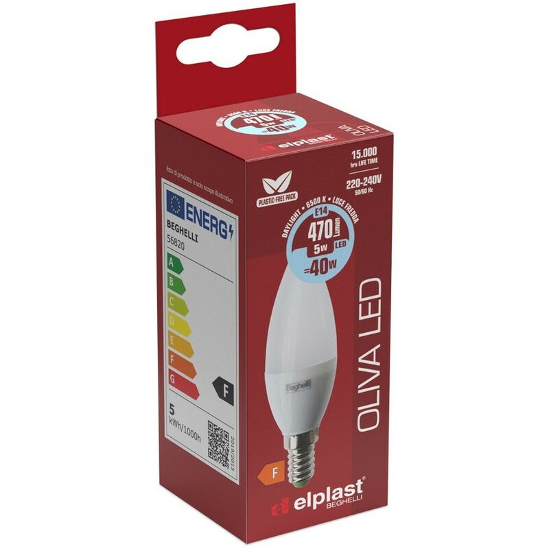 foto del prodotto beghelli lampadina led oliva e14 luce fredda 6500k 5 watt 470 lumen 56820