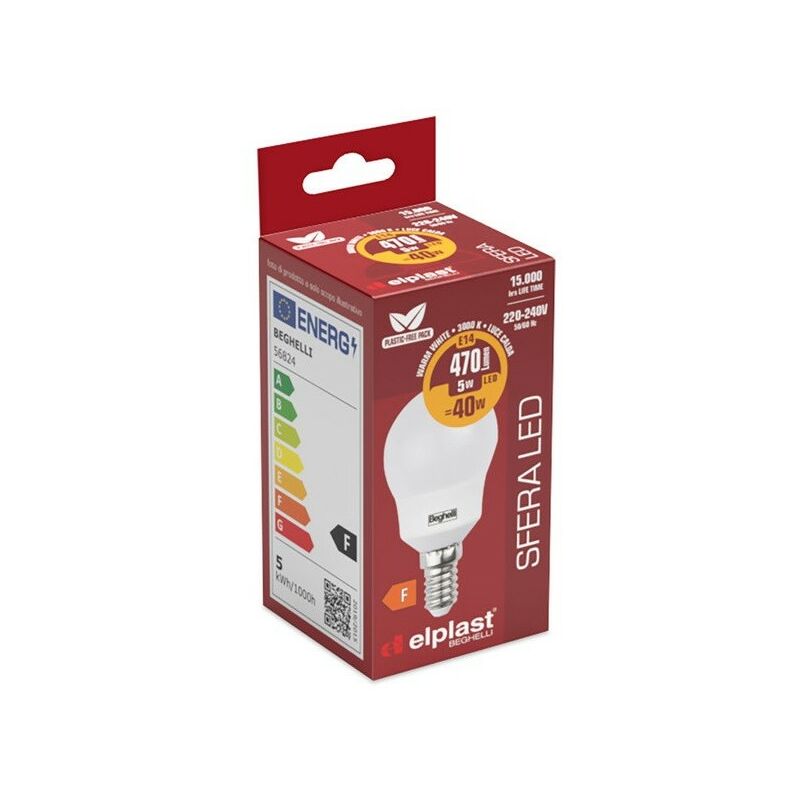 foto del prodotto beghelli - lampadina led sfera e14 - 470 lumen - 5w lampadina luce calda - 3000k