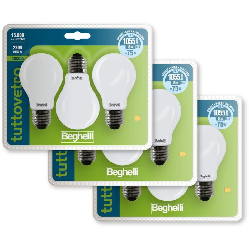 foto del prodotto beghelli - lampadine led tuttovetro e27 multipack, 8w, 1055lm, 6500k, luce bianco freddo, vetro opale, adatte per interni, durata 15000 ore, 3