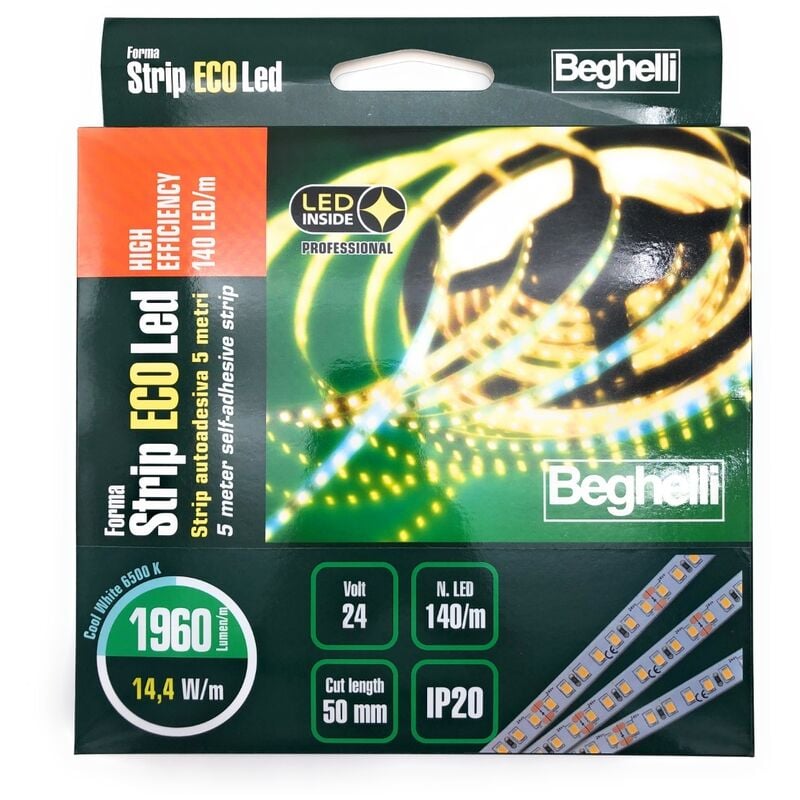 foto del prodotto beghelli - strip ecoled he autoadesiva 5 metri alta efficienza 140 led m 14.4w m 24v 6500k