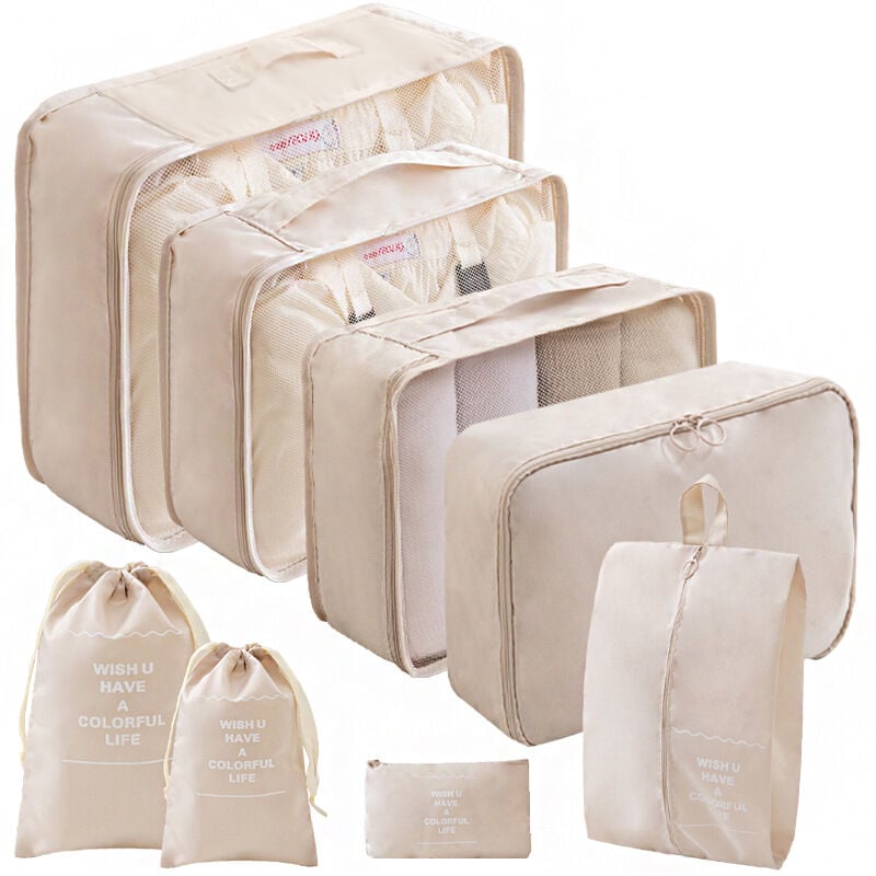 foto del prodotto beige 8 borse porta abiti, valigie migliorate, organizer per borse portaoggetti per vestiti asciutti, scarpe, biancheria intima, cosmetici, libri,
