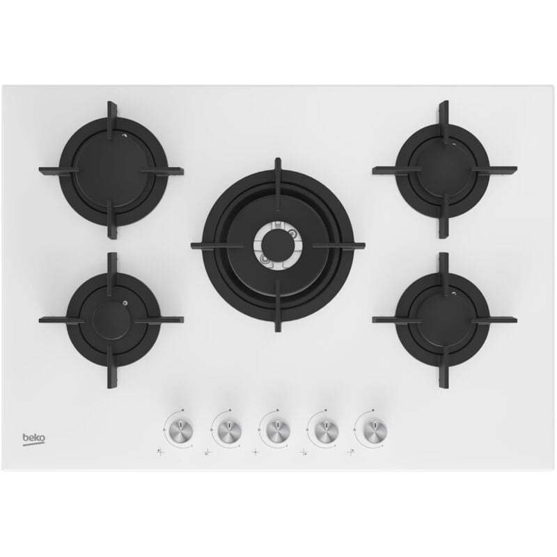 foto del prodotto beko - hilw 75222 sw 75 cm gas piano cottura da incasso 4 bruciatori a gas 1 wok . colore del prodotto bianco, posizionamento
