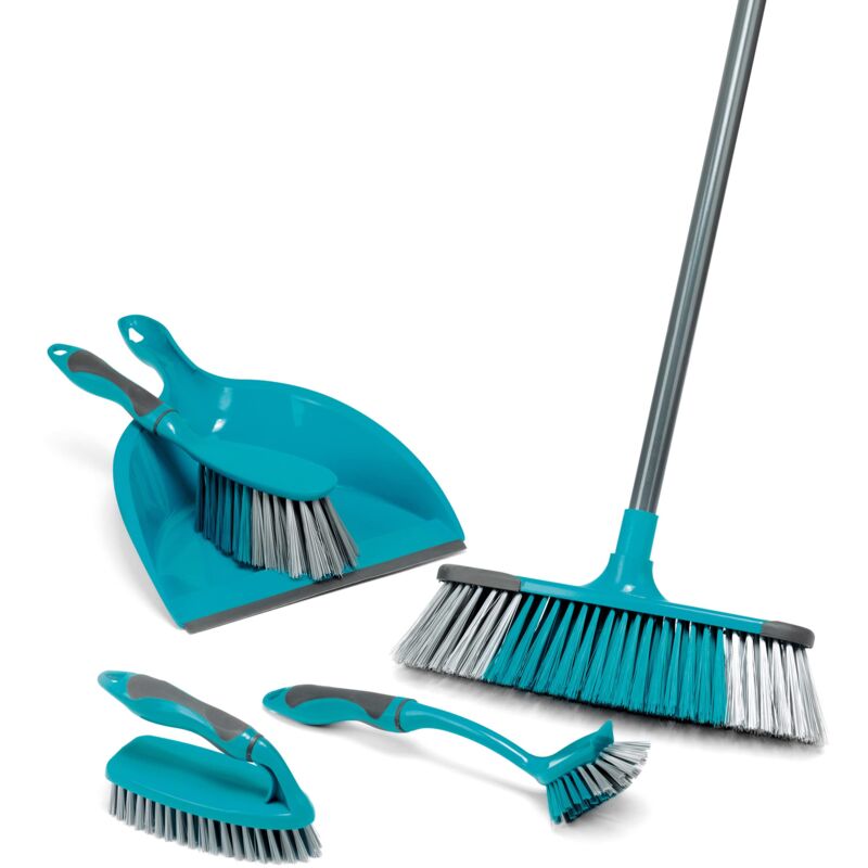 foto del prodotto beldray la024152tq kit di pulizia in turchese da 5 pezzi con scopa, paletta e spazzola, scrubber e spazzolina per piatti, turchese, prodotti per