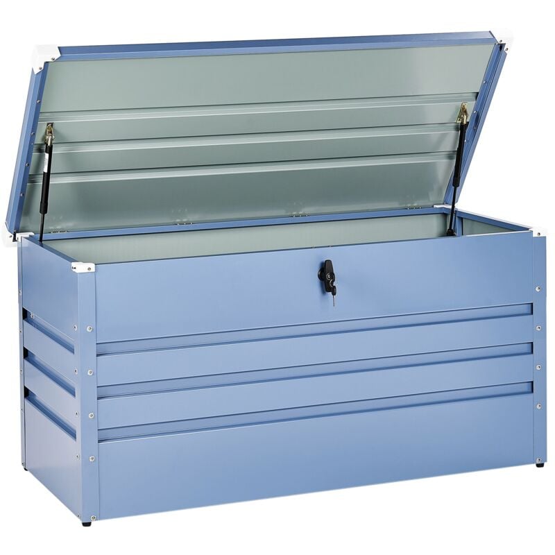 foto del prodotto beliani cassapanca da esterno in acciaio zincato blu 132 x 62 cm cebrosa
