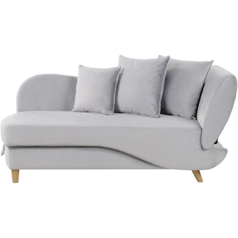 foto del prodotto beliani chaise longue in velluto grigio chiaro lato destro con contenitore meri ii
