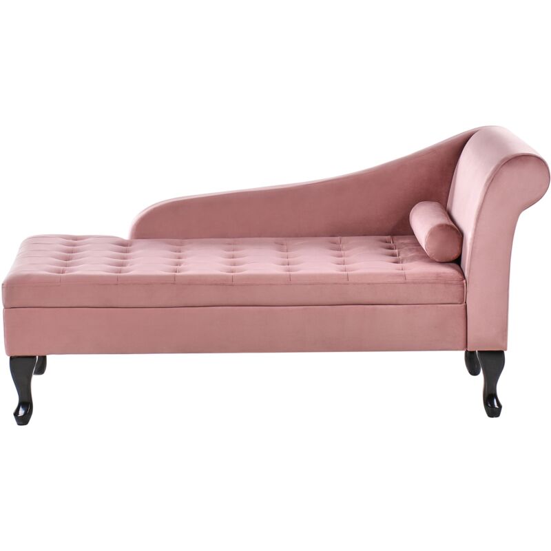 foto del prodotto beliani chaise longue in velluto rosa con contenitore e gambe nere lato destro pessac