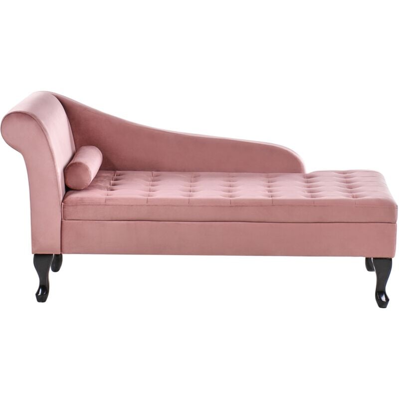 foto del prodotto beliani chaise longue in velluto rosa con contenitore e gambe nere lato sinistro pessac