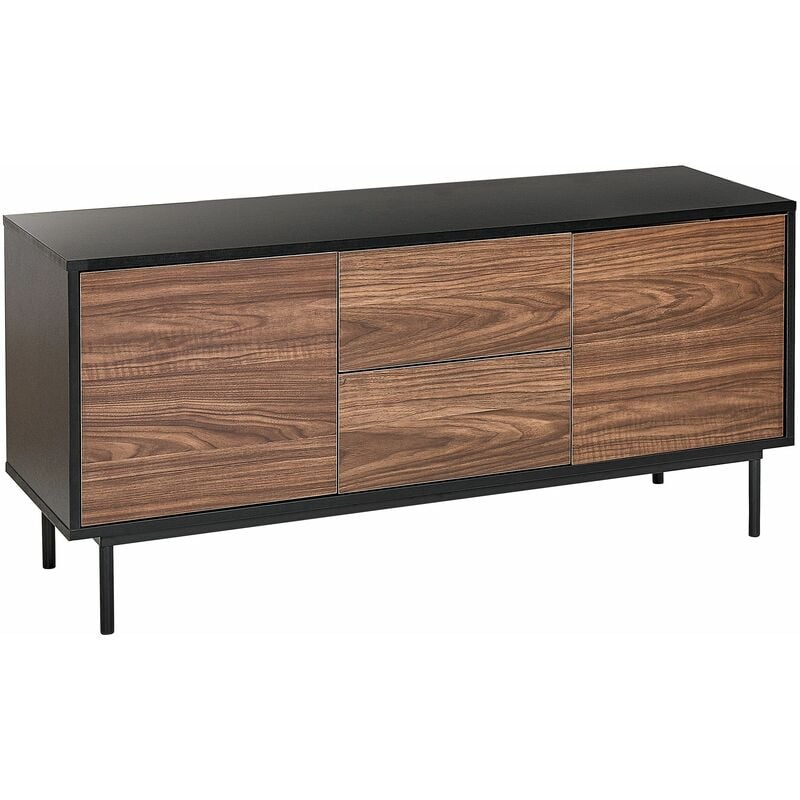 foto del prodotto beliani credenza 2 ante cassetti legno scuro e nero gambe metallo 120 x 38 cm okland