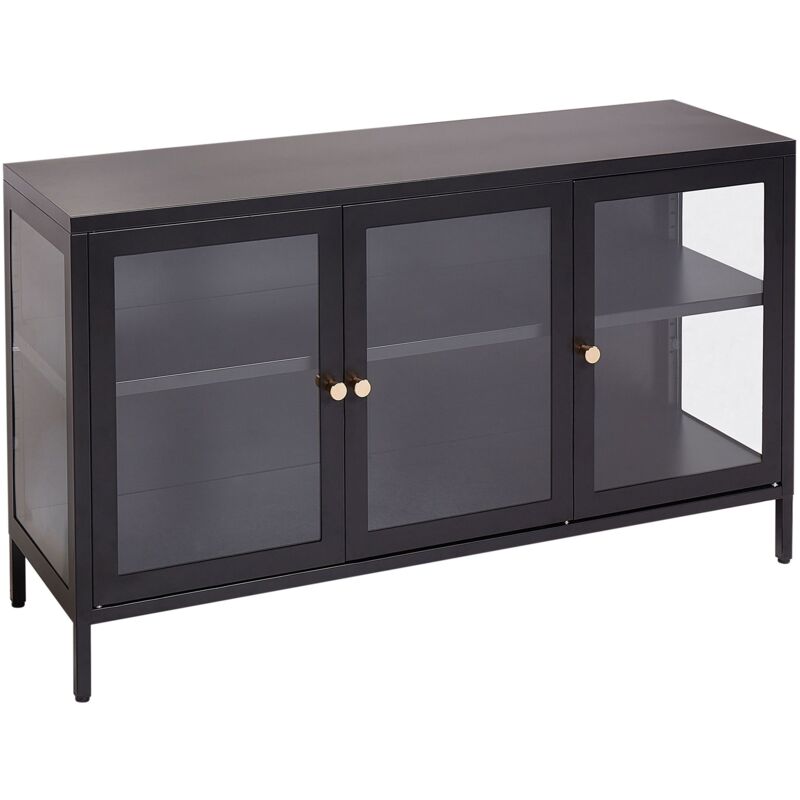 foto del prodotto beliani credenza moderna in acciaio con vetro temperato a 3 ante con ripiani regolabili nero newport