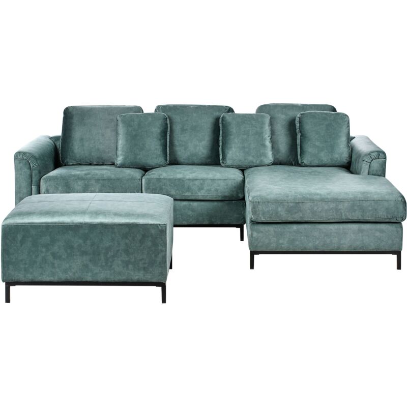 foto del prodotto beliani divano angolare con pouf a forma di l in velluto verde acqua idrorepellente e gambe d acciaio lato sinistro oslo