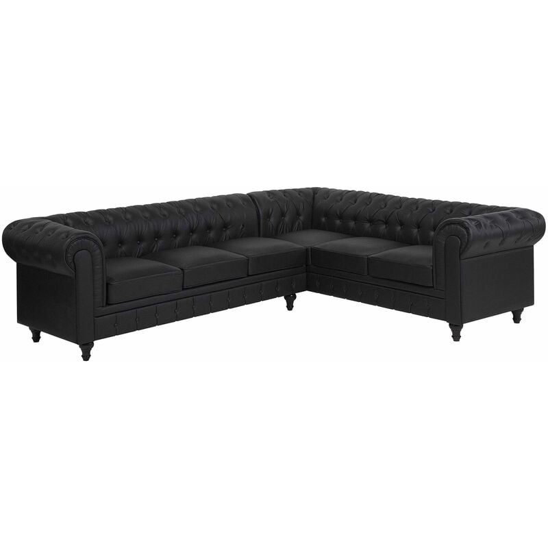 foto del prodotto beliani divano angolare in ecopelle nera gambe in legno scuro versione sinistra chesterfield