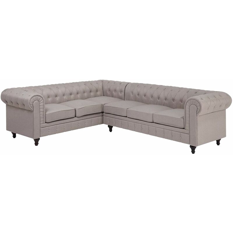 foto del prodotto beliani divano angolare in tessuto beige destro gambe in legno scuro a 6 posti chesterfield