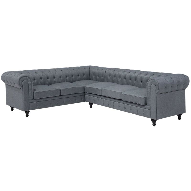 foto del prodotto beliani divano angolare in tessuto grigio destro gambe in legno scuro a 6 posti chesterfield