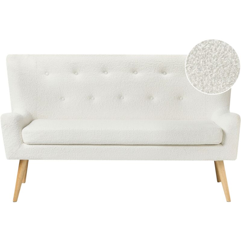 foto del prodotto beliani divano da cucina a 2 posti con schienale in tessuto boucle bianco gambe in legno chiaro panchina skibby