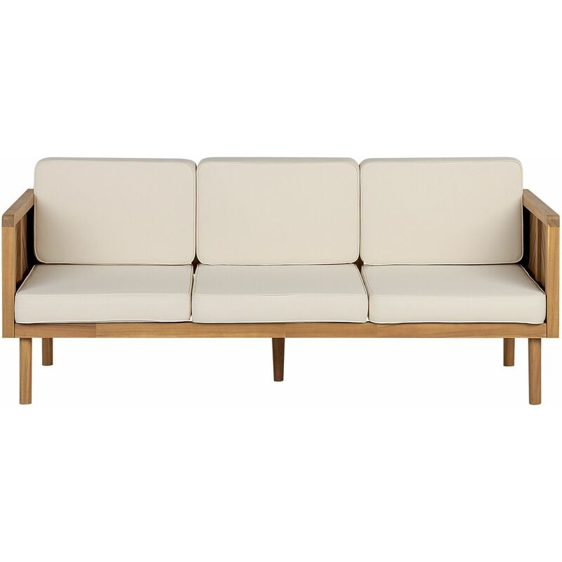 foto del prodotto beliani divano da giardino 3 posti legno di acacia con cuscini beige chiaro terrazza balcone baratti