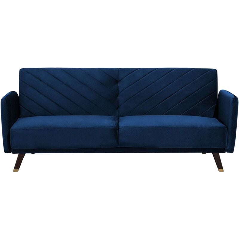 foto del prodotto beliani divano letto a 3 posti rivestimento in velluto blu navy gambe in legno senja