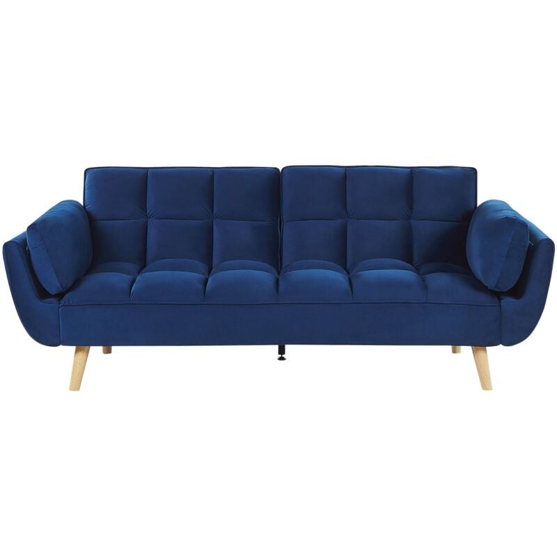 foto del prodotto beliani divano letto in velluto blu 3 posti gambe in legno imbottito in schiuma asby
