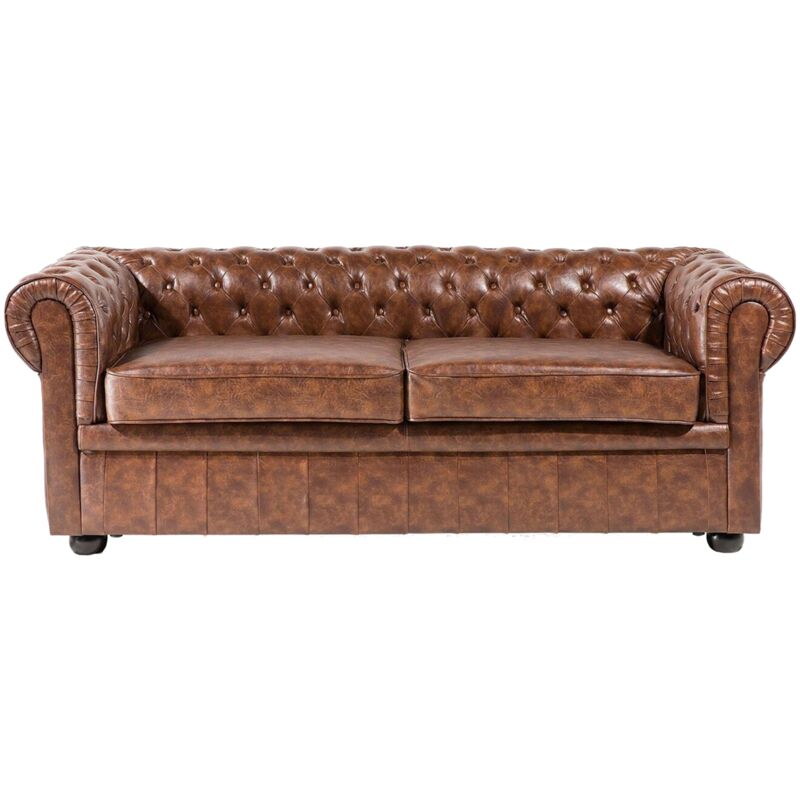 foto del prodotto beliani divano vintage a 3 posti in pelle sintetica marrone invecchiato chesterfield