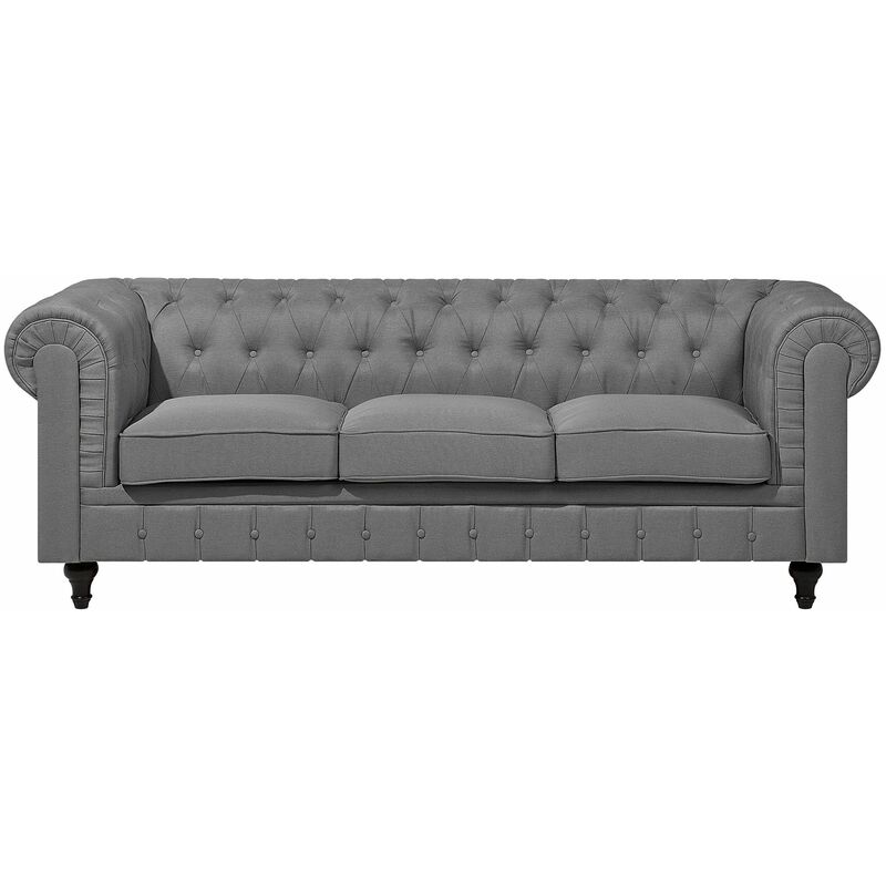 foto del prodotto beliani divano vintage a 3 posti in tessuto grigio chiaro chesterfield chesterfield
