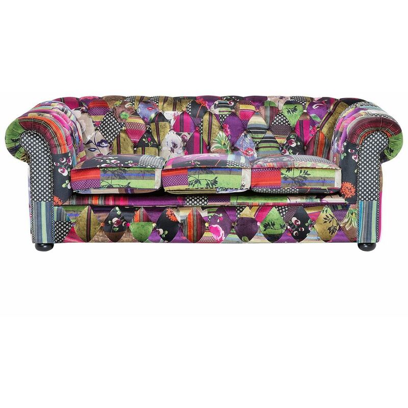 foto del prodotto beliani divano vintage a 3 posti in tessuto multicolore viola chesterfield