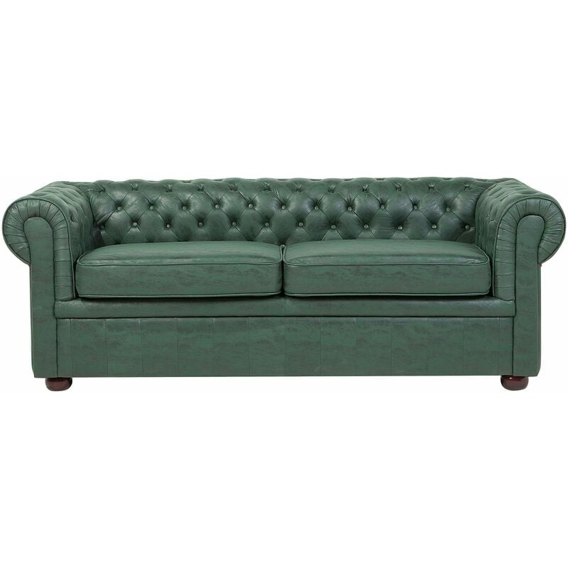 foto del prodotto beliani divano vintage a 3 posti in tessuto similpelle verde chesterfield