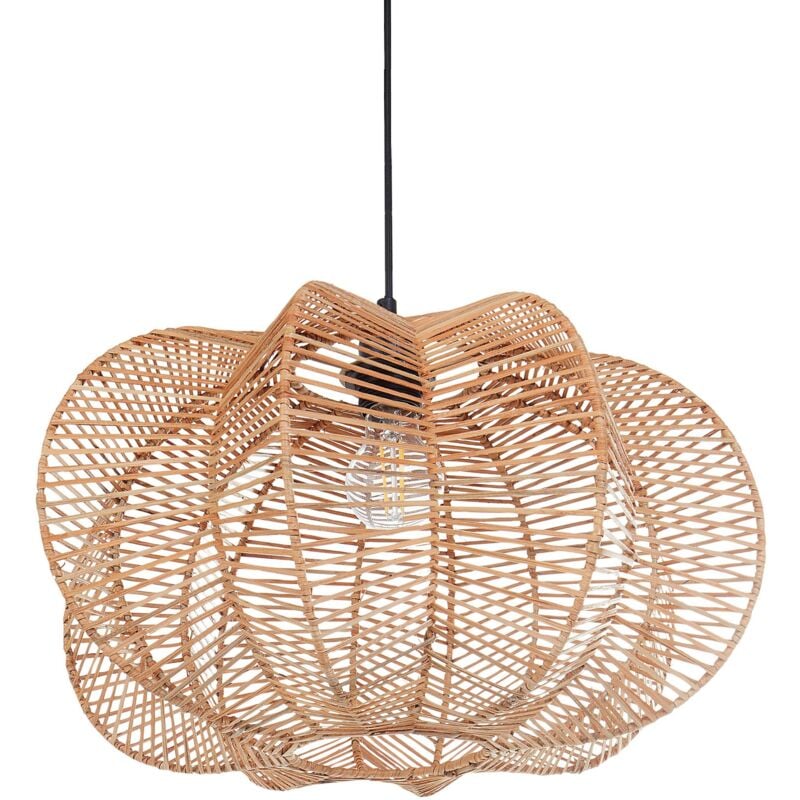 foto del prodotto beliani lampada a sospensione con paralume in rattan naturale e base in ferro in stile boho kibi