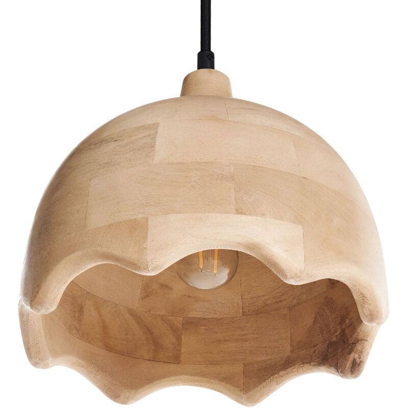 foto del prodotto beliani lampada a sospensione da soffitto moderna boho con paralume rotondo in legno di mango marrone chiaro gomati