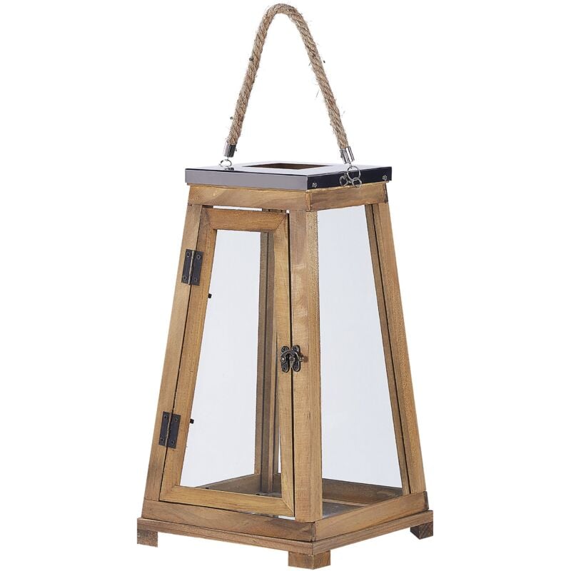 foto del prodotto beliani lanterna decorativa in legno di pino con porte portacandele 39 cm marrone pulau