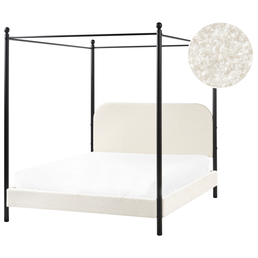 foto del prodotto beliani letto a baldacchino retr minimalista ue 140 x 200 cm telaio in metallo nero doghe in legno di pioppo boucle rivestimento bianco sporco