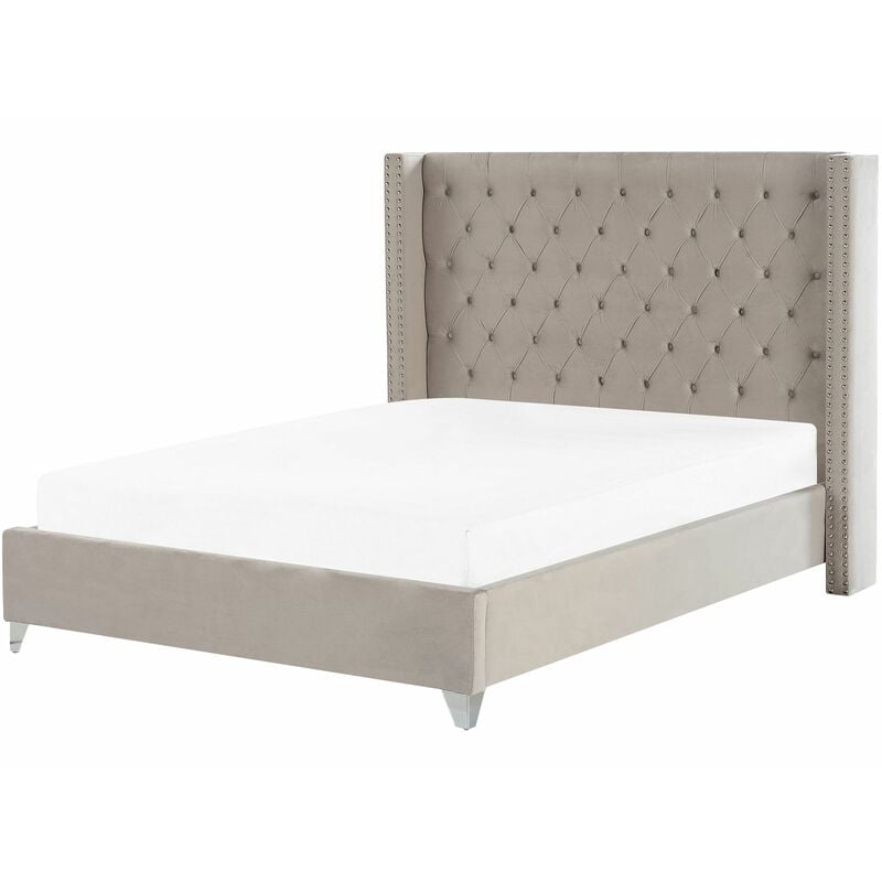foto del prodotto beliani letto con testiera alta imbottita in velluto grigio chiaro 180 x 200 cm lubbon